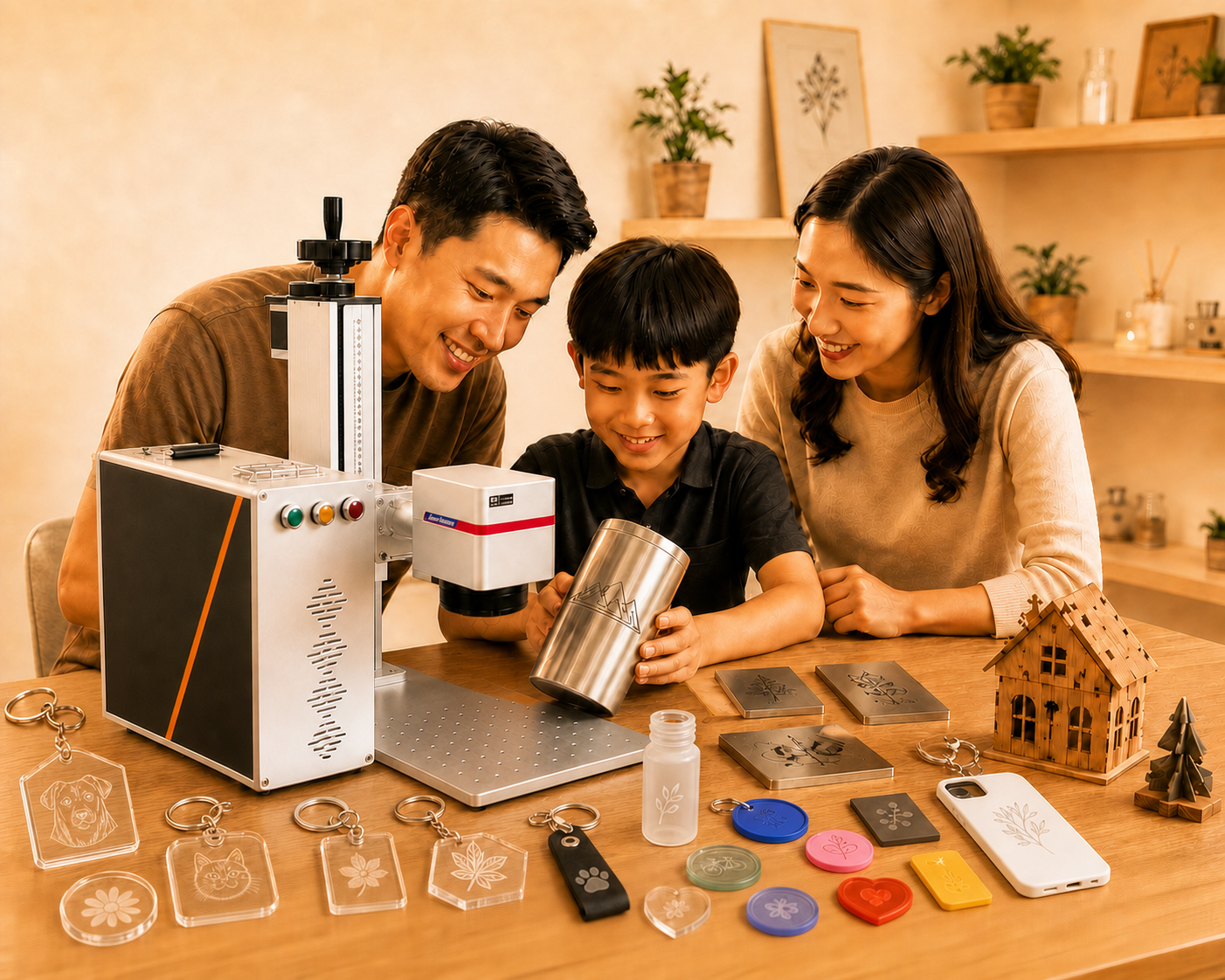 Family using a UV laser marking machine with plastic samples at home