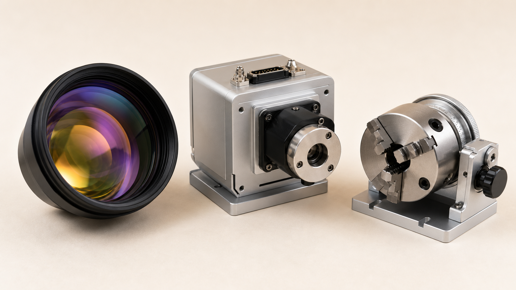 Laser marking machine replacement parts including scan lens, galvo head, and rotary fixture