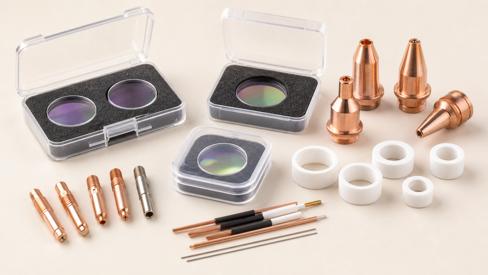 Laser welding machine replacement parts including protective lenses, nozzles, ceramic rings, and wire-feed consumables