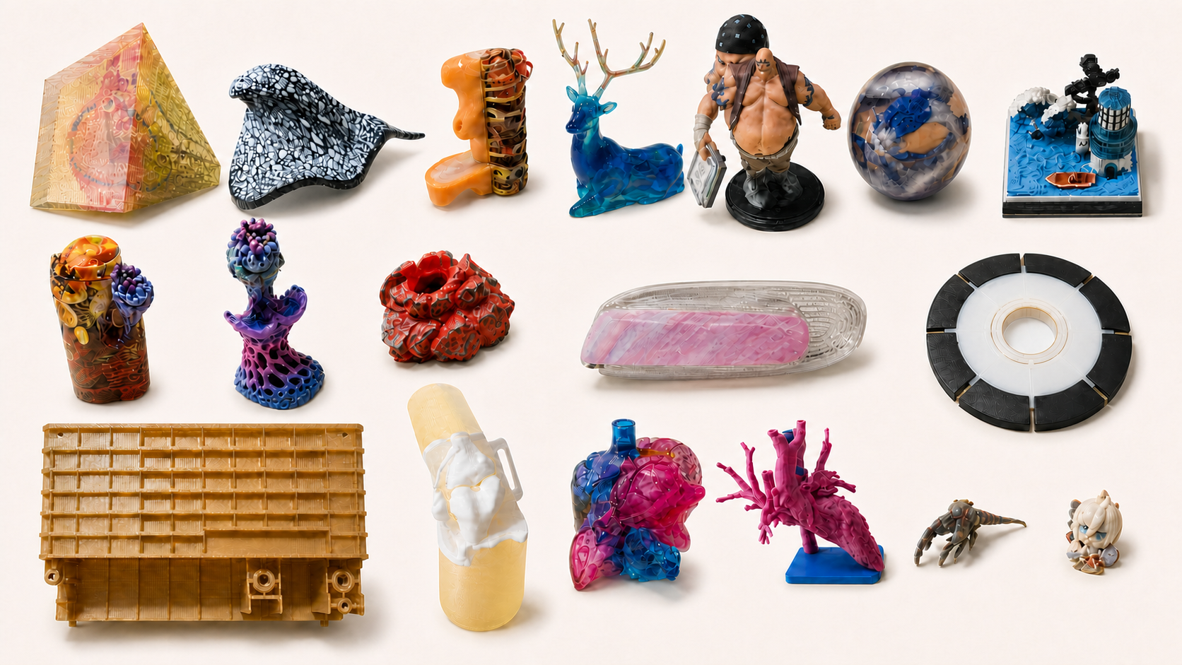 Collection of isolated 3D printed functional, artistic, and anatomical samples
