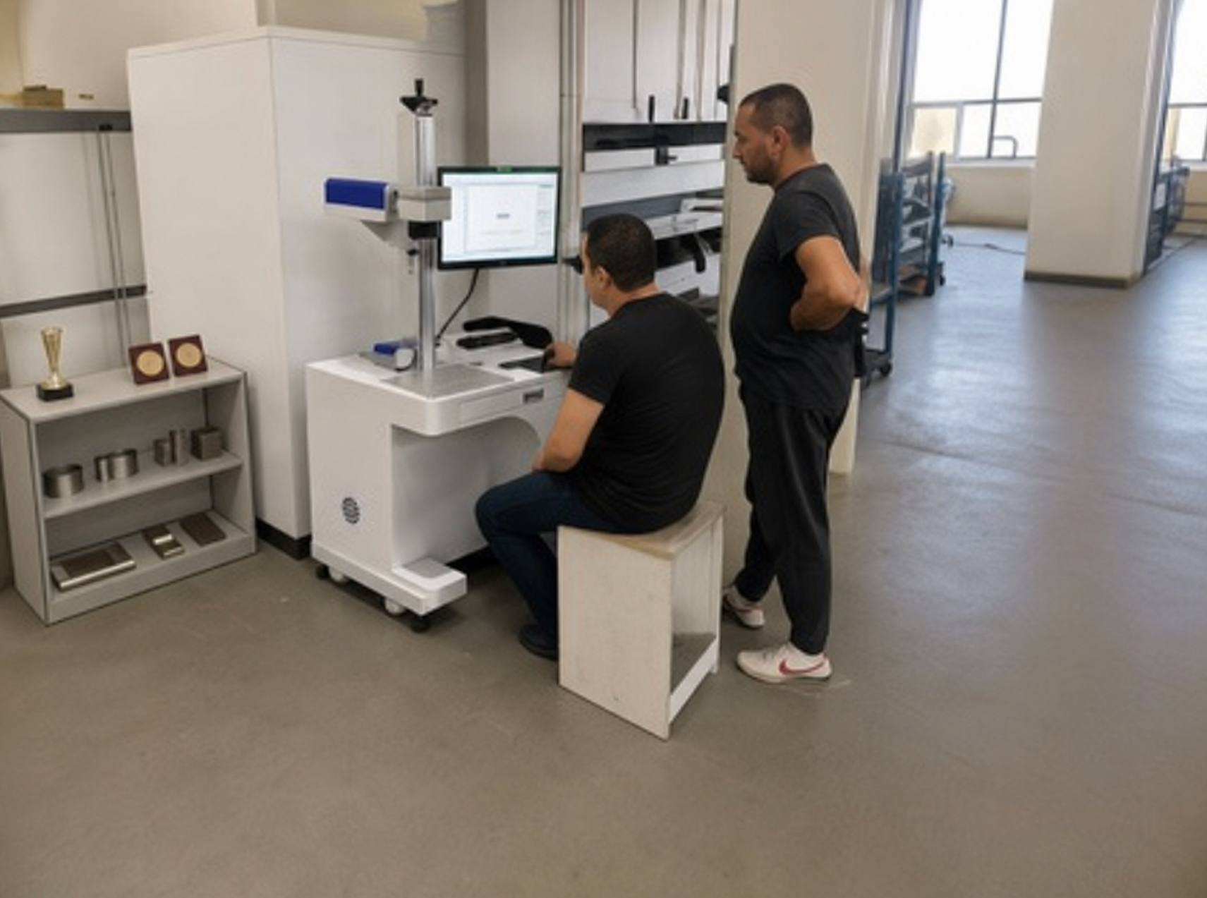 Customers operating a laser marking machine