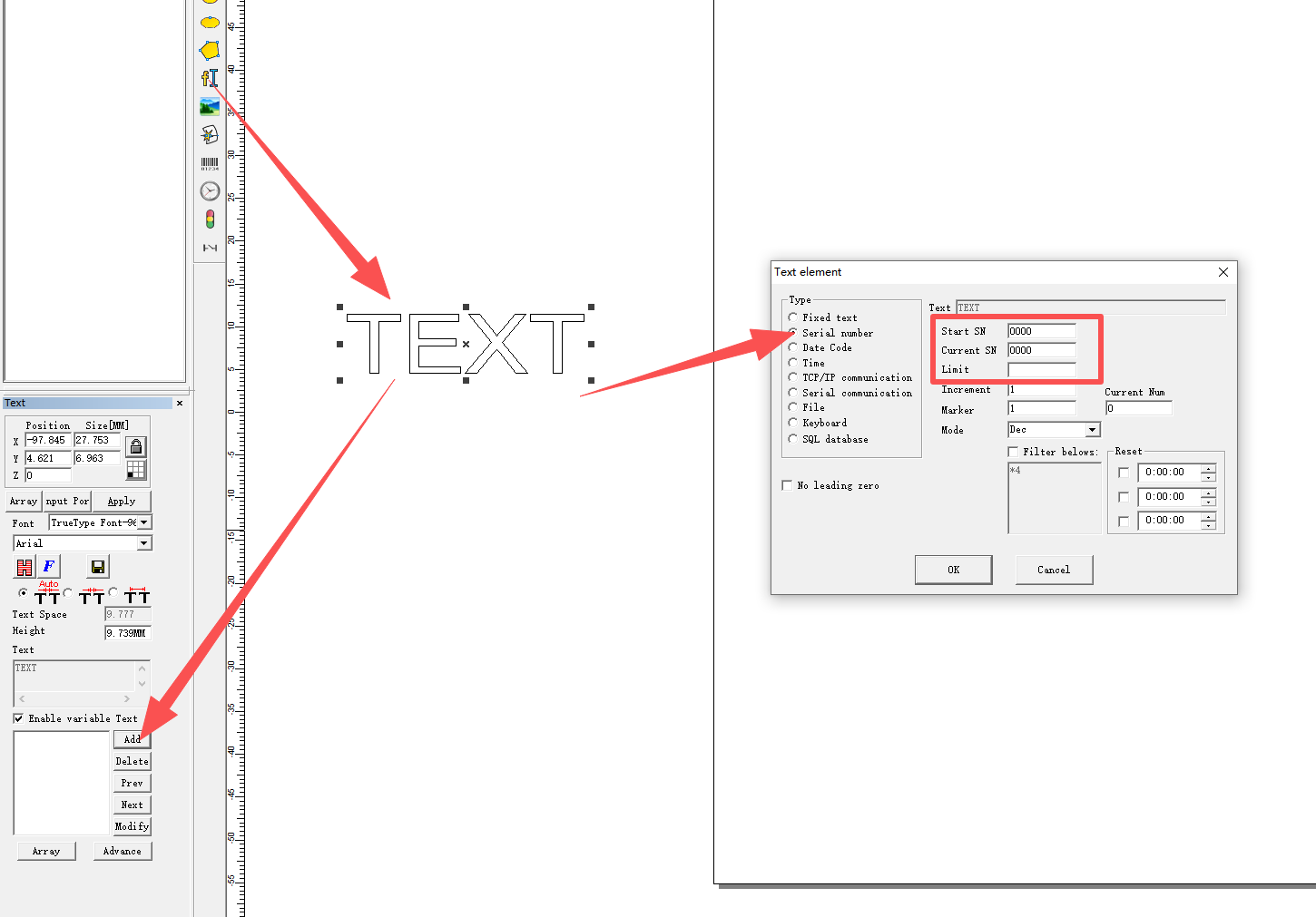 Serial number incrementing setup in laser marking software